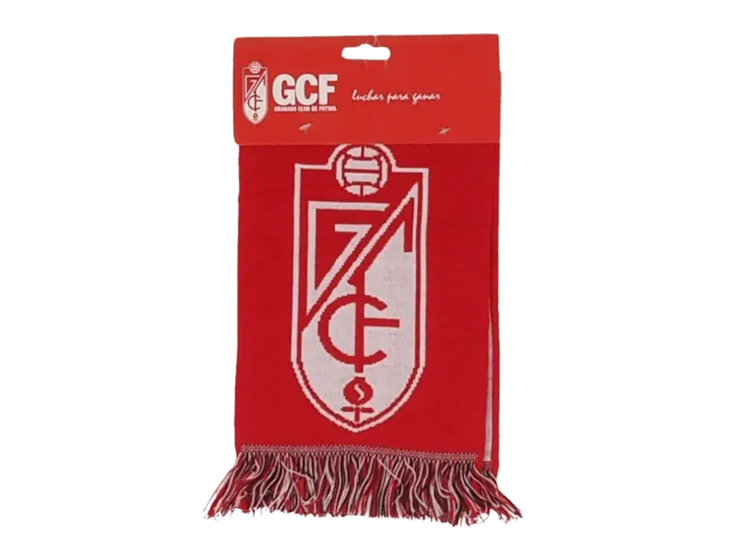 bufanda de fútbol oficial del granada club de fútbol con el texto granada cf en el centro y el escudo en los laterales