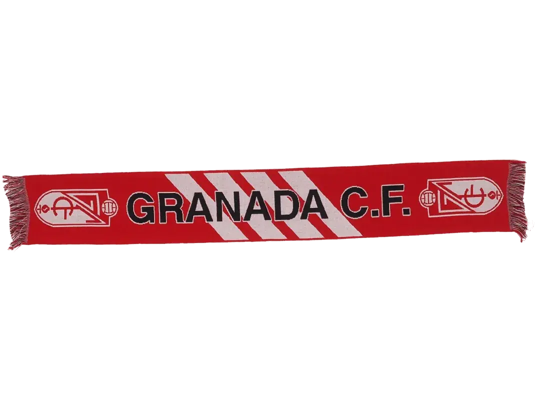 bufanda de fútbol oficial del granada club de fútbol con el texto granada cf en el centro y el escudo en los laterales