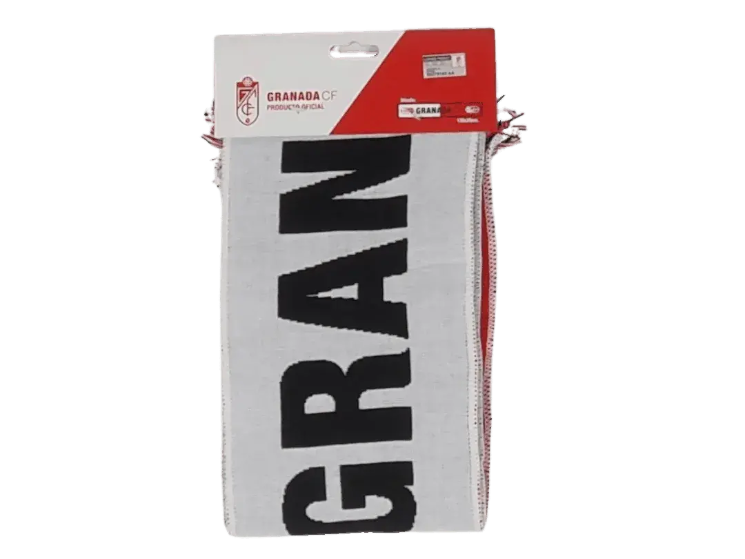 bufanda de fútbol oficial del granada club de fútbol con el texto granada cf en el centro y el escudo en los laterales