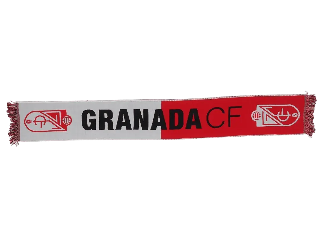 bufanda de fútbol oficial del granada club de fútbol con el texto granada cf en el centro y el escudo en los laterales
